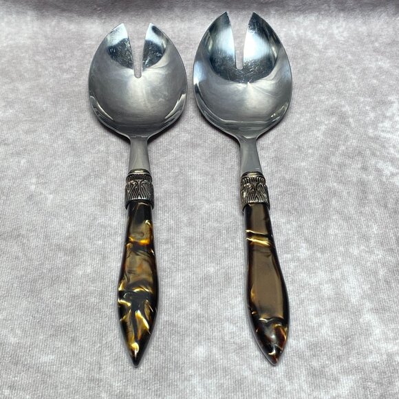 Vintage Stainless Steel Salad Servers With Faux Tortoiseshell Handles 10" - Picture 1 of 9